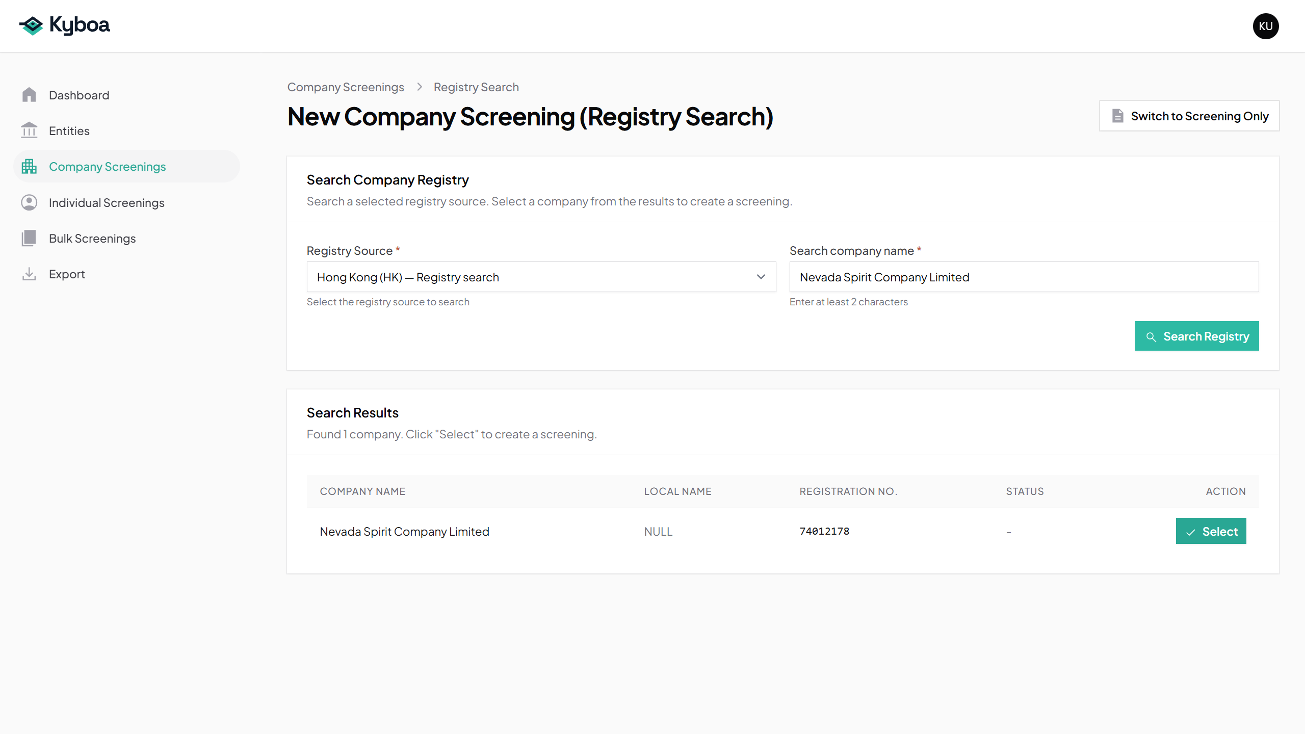 Registry results show the company name and registration number before selection.