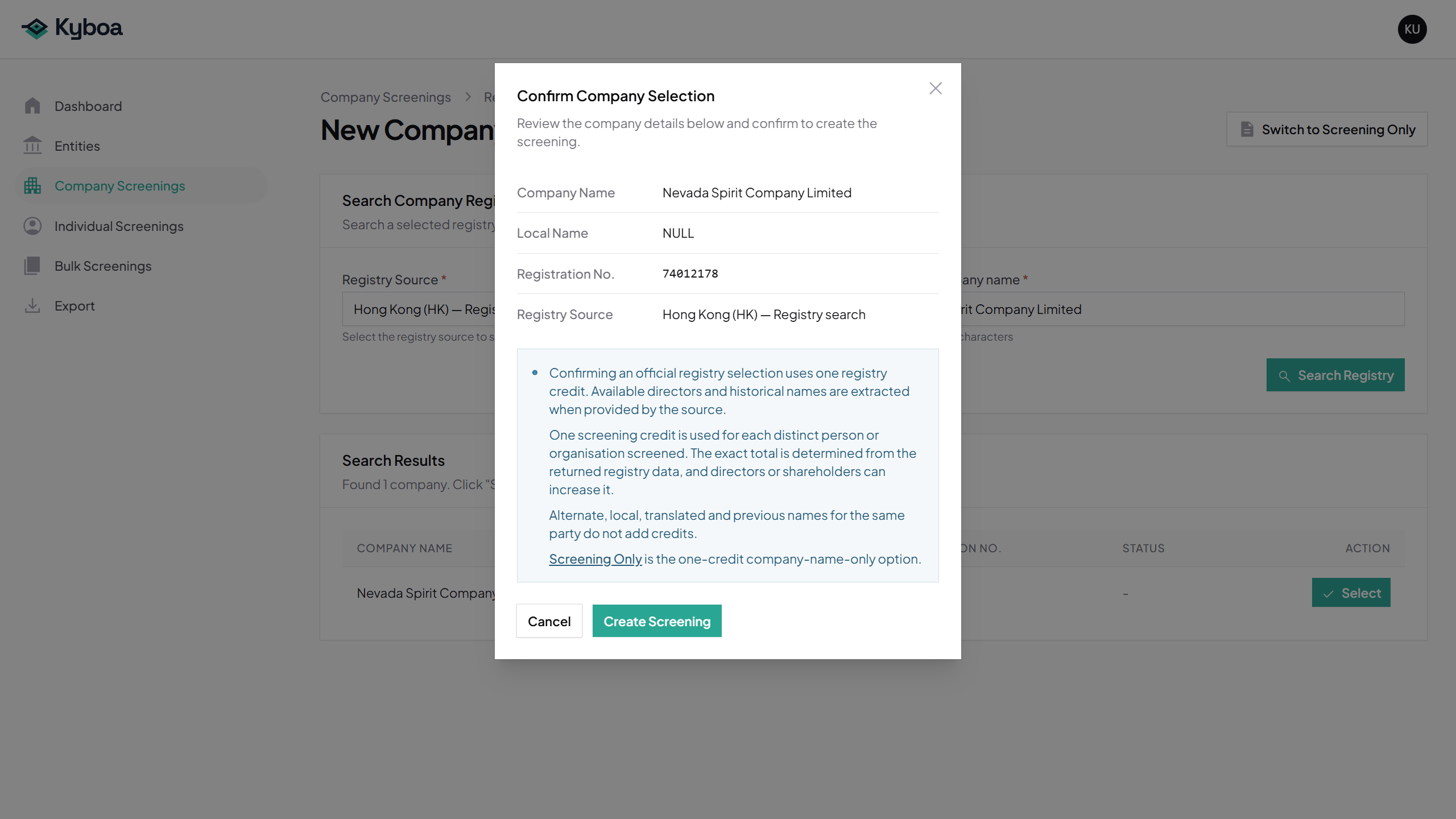 Confirm the selected company before creating its screening.