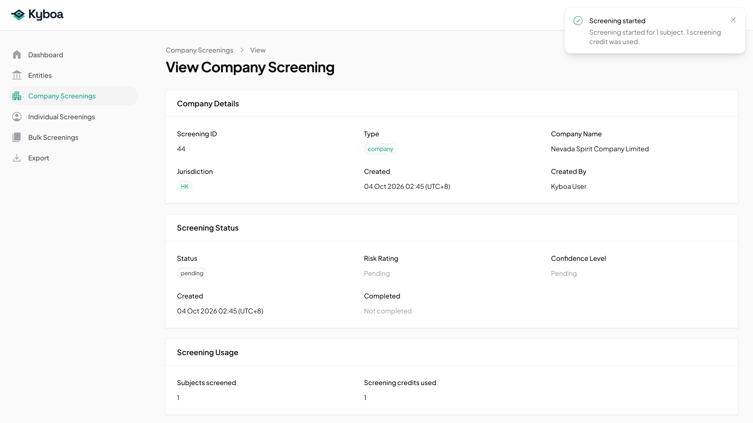 Saved Company screening while its checks run.