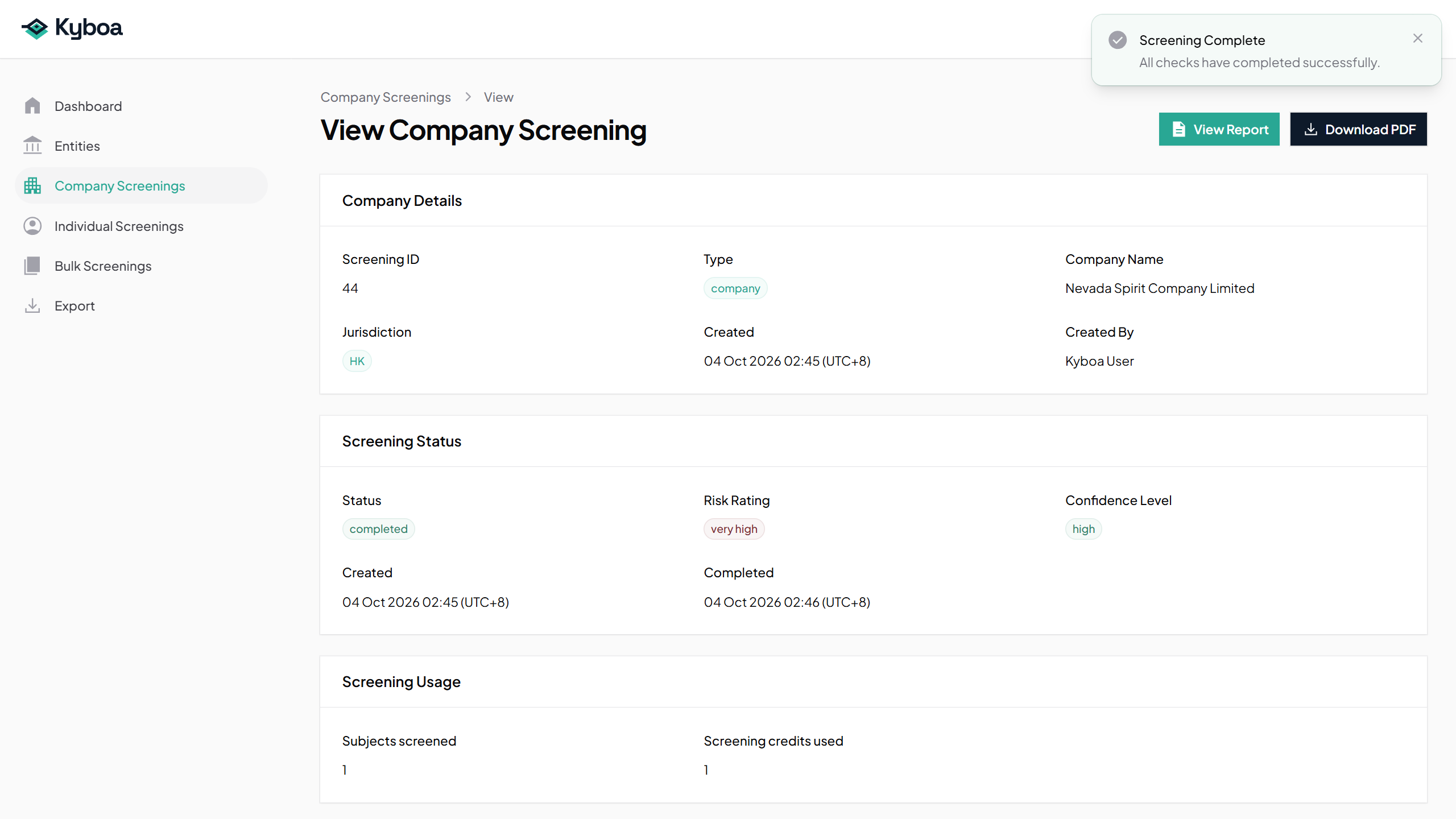 Completed Company screening with report actions, risk rating and confidence level.