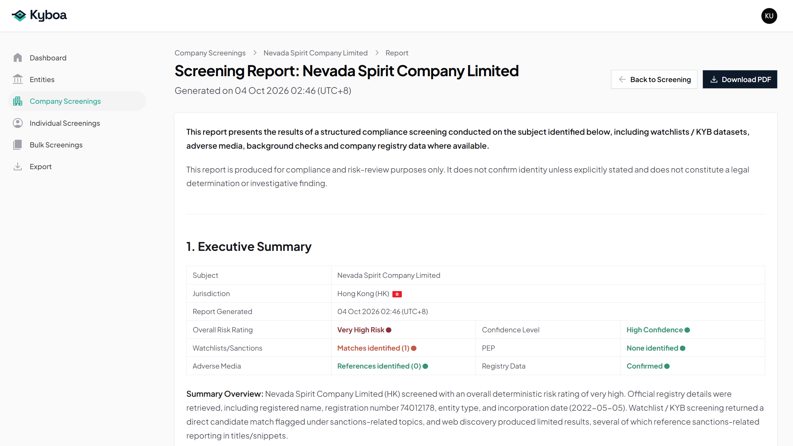 The Company report begins with the Executive Summary and overall screening results.