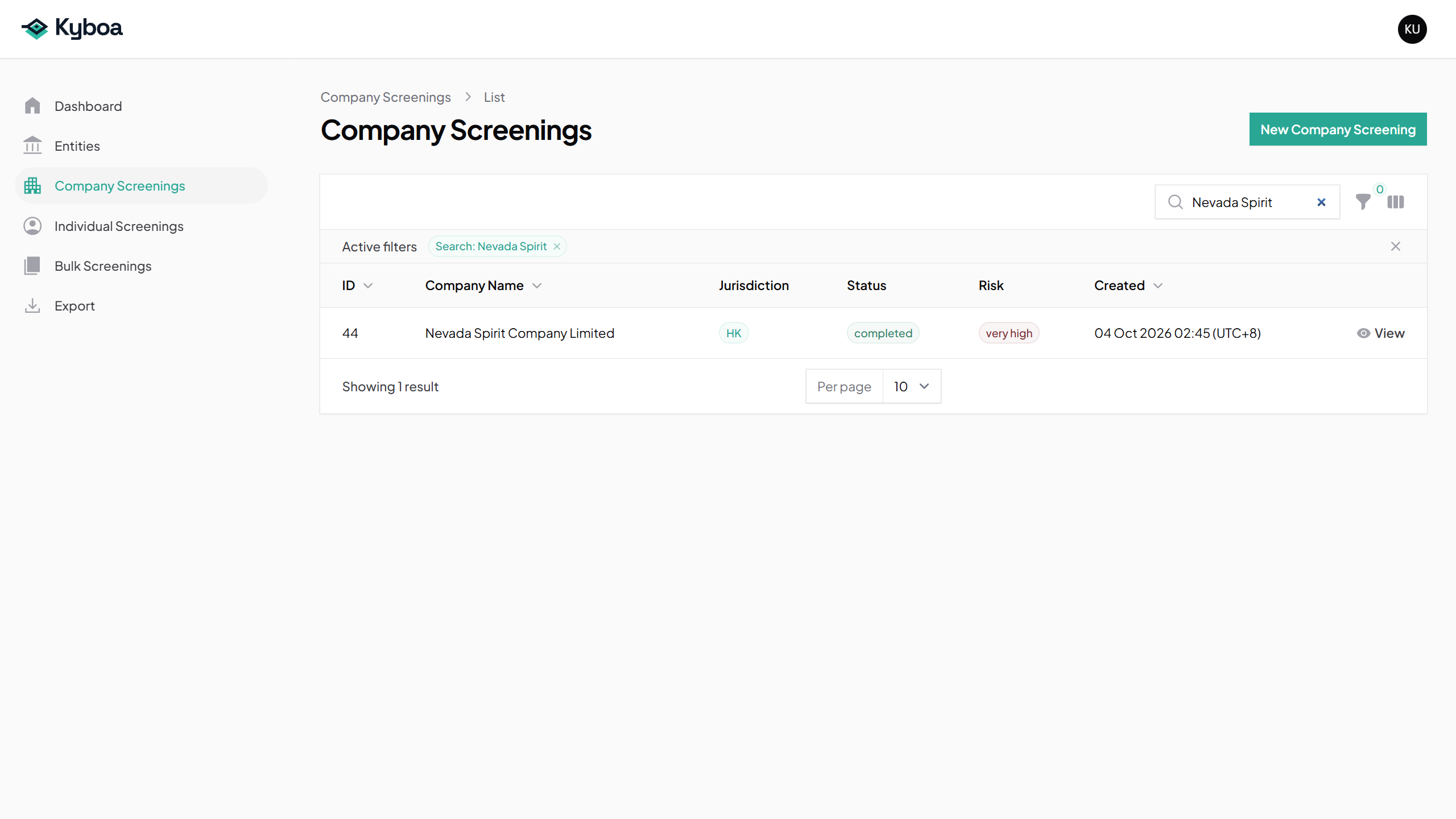 Company Screenings searched by the worked-example company name.