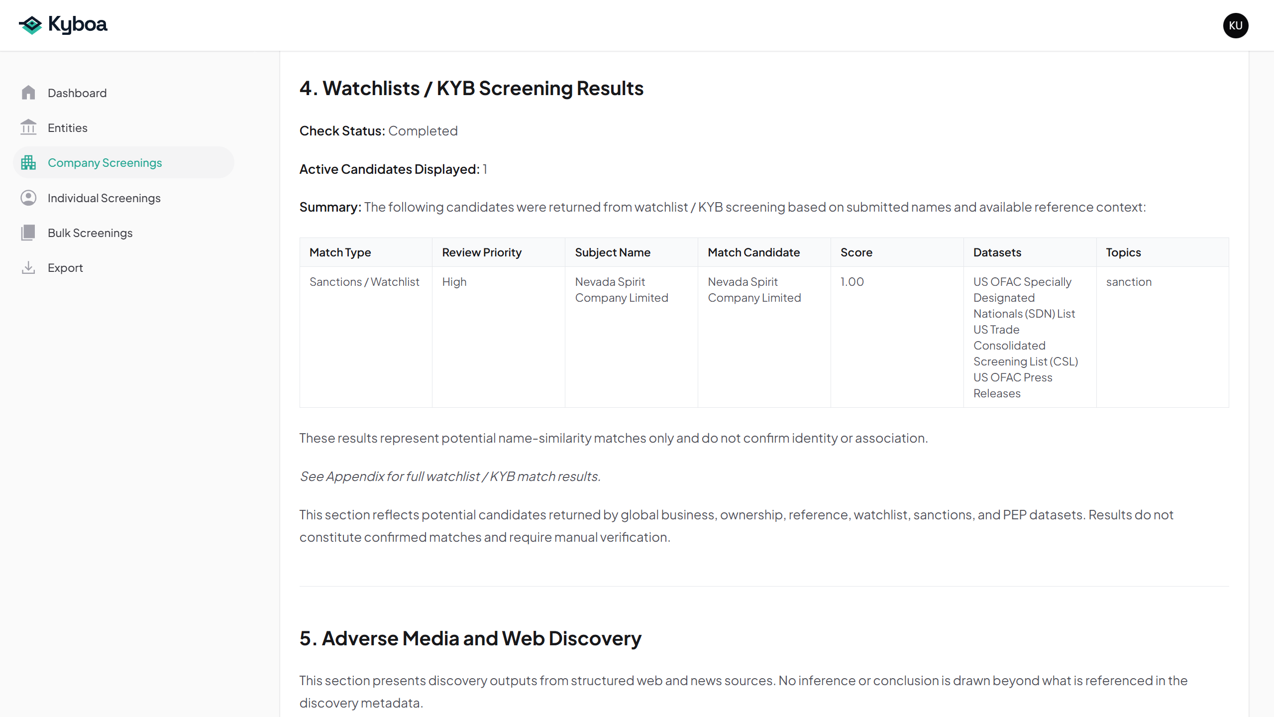 Watchlist candidates require identity verification against the company details.