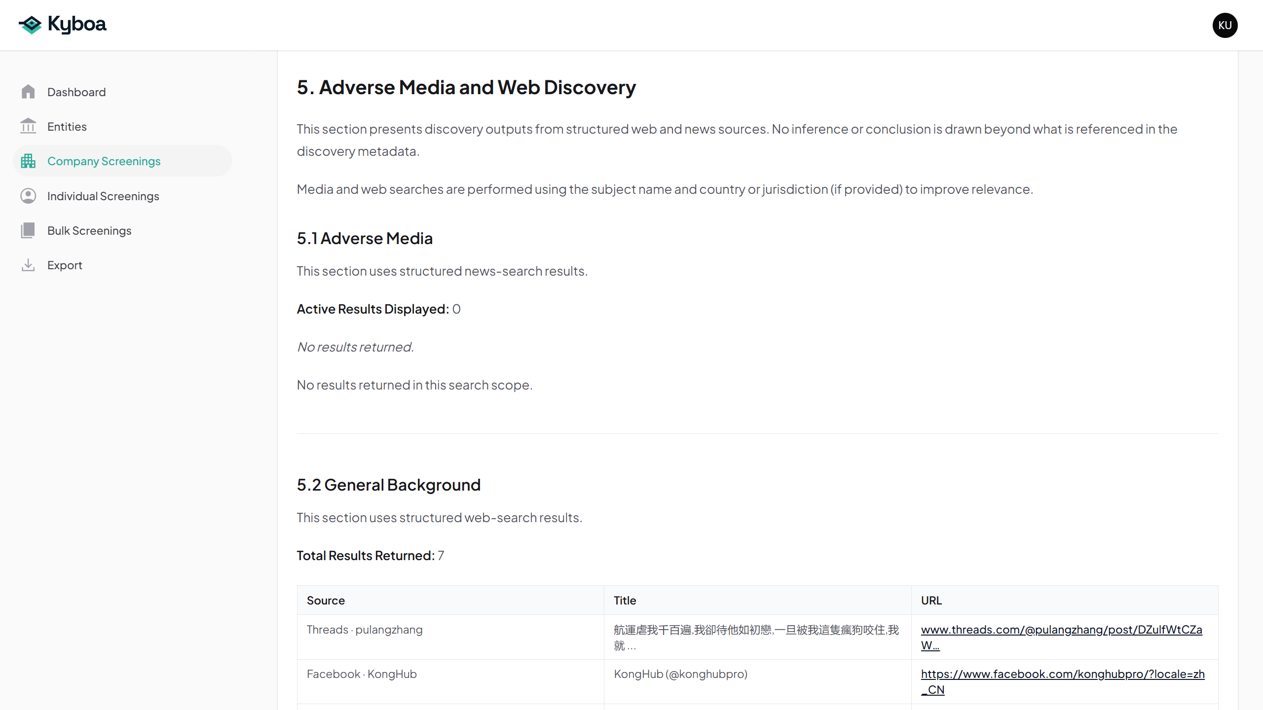The report shows adverse media and background discovery outputs for review.