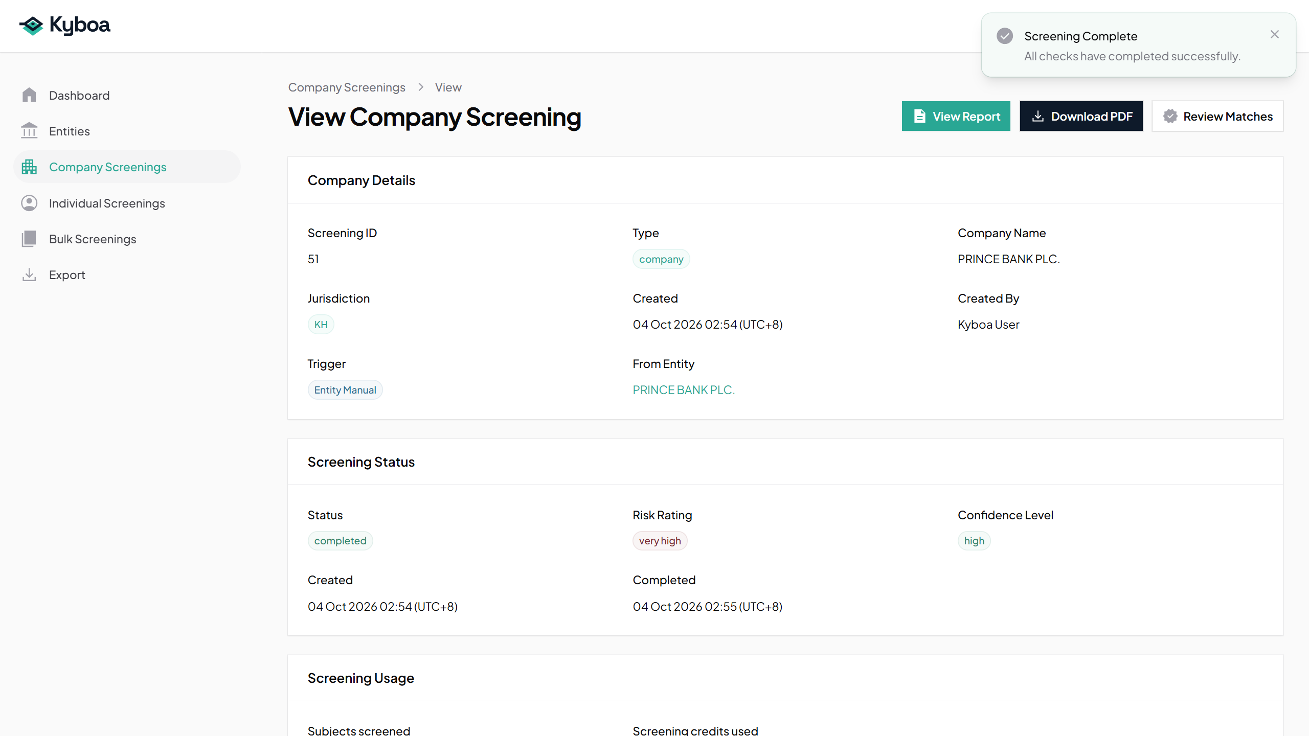 Completed screening created from the Prince Bank Entity.
