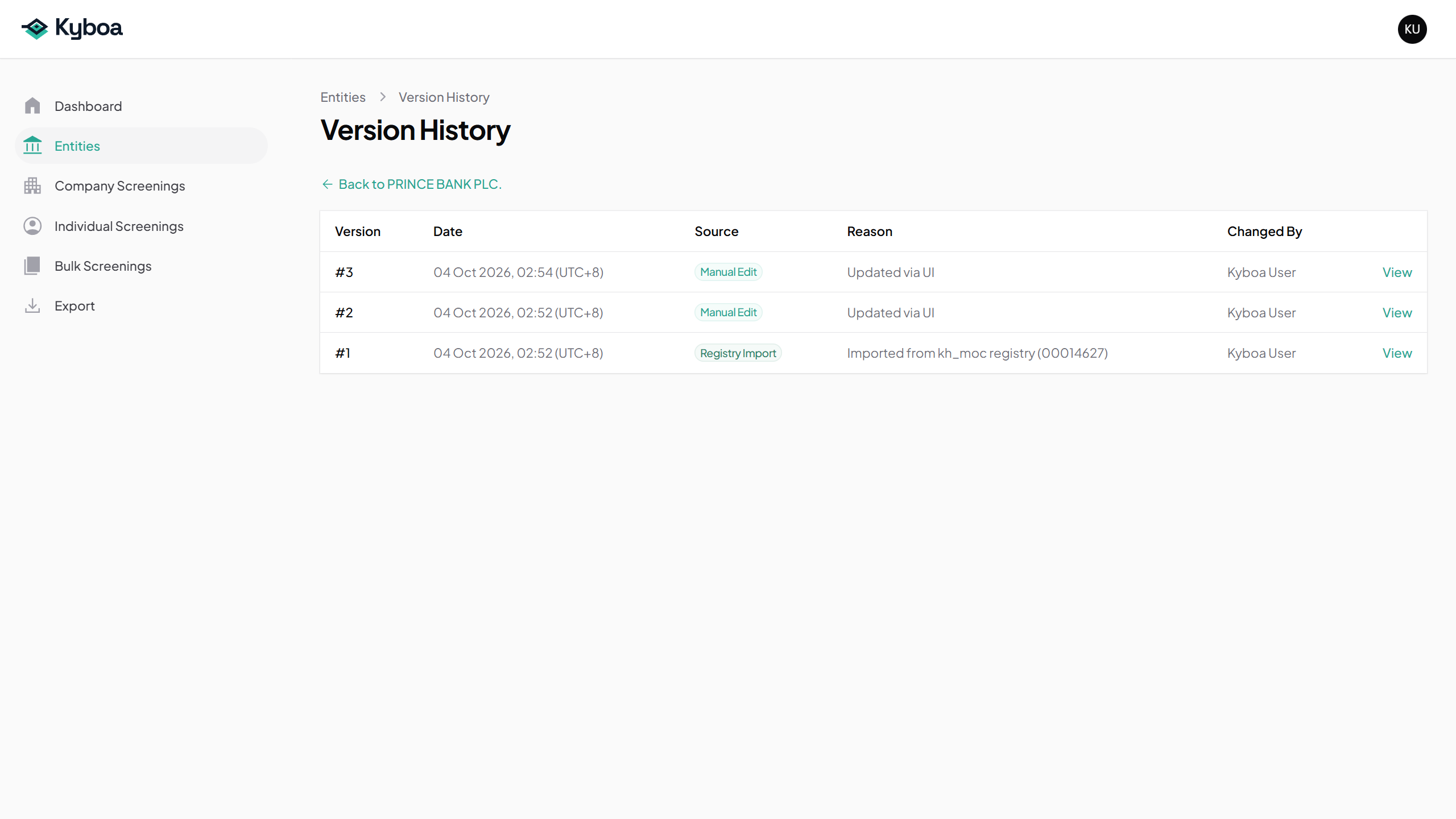 Prince Bank Versions records the registry import and later data changes.