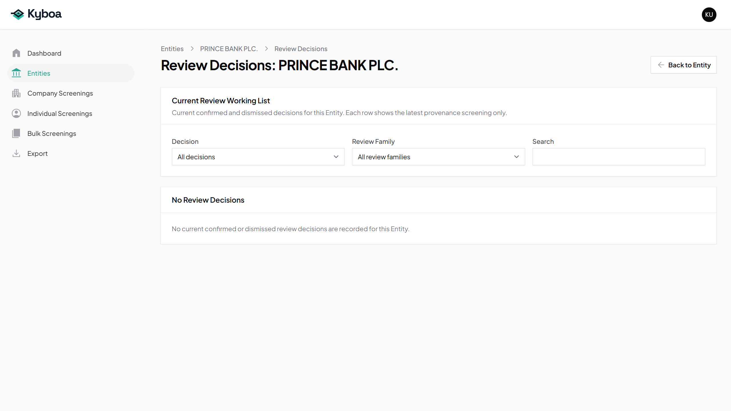 Review Decisions for Prince Bank; no review decision is made in this walkthrough.