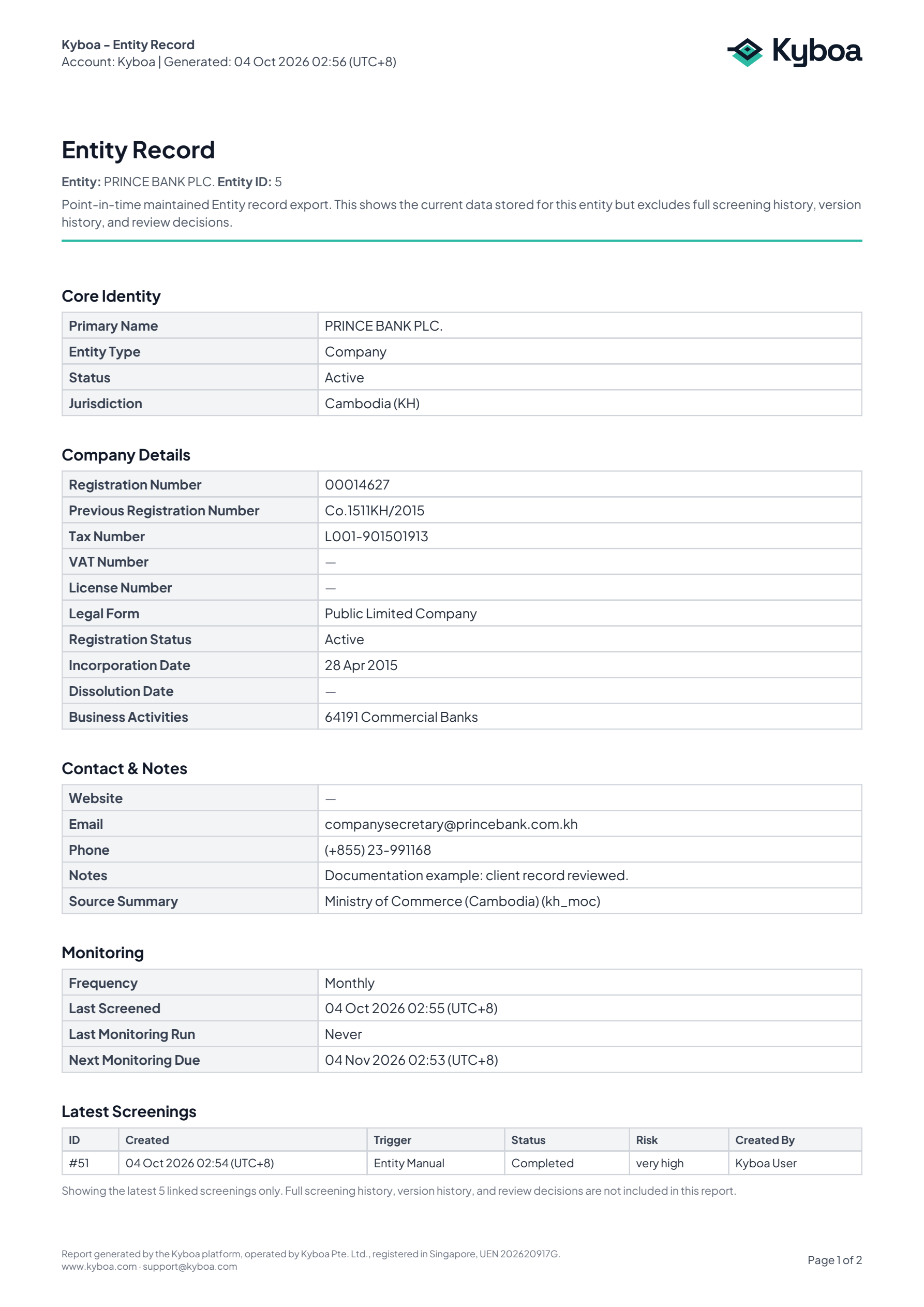 First page of the actual exported Prince Bank Entity details PDF.